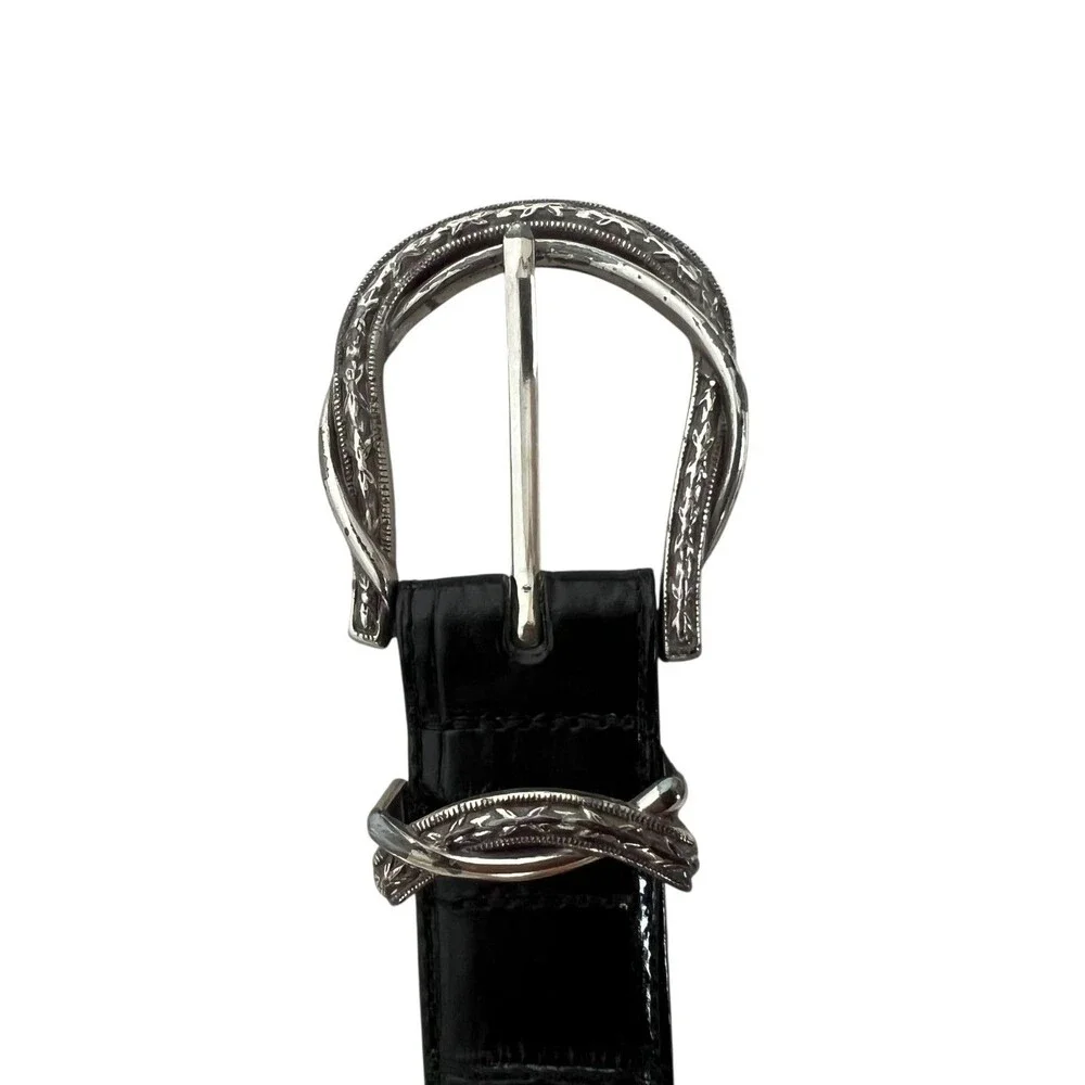 Brighton Womens Belt Black Croc Embossed Leather w Silver Barb Wire Buckle L 34